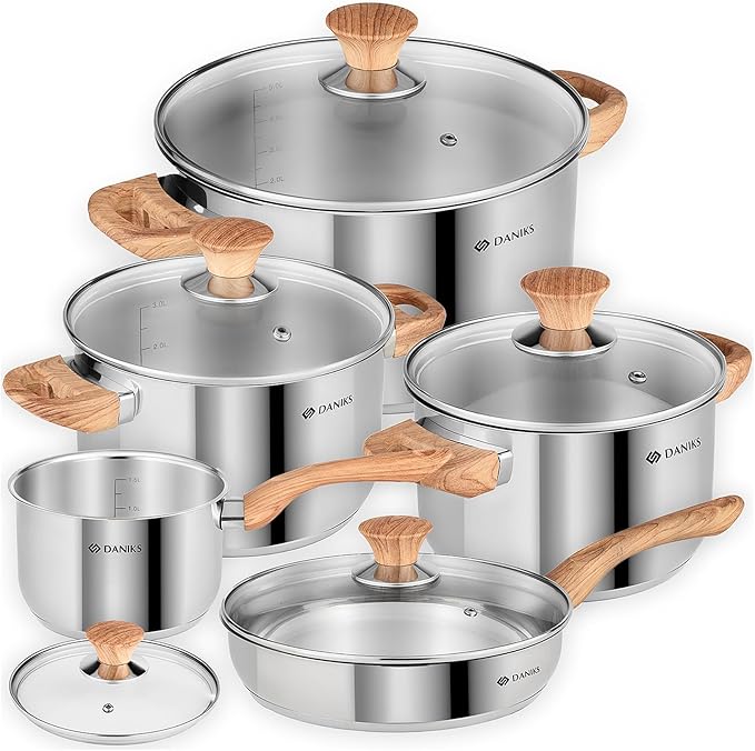 Daniks Oslo 10-Piece Stainless Steel Cookware Set with Glass Lids Includes Saucepan and Frying Pan with Lid Tri-Ply Bases for Even Heating Induction Compatible Dishwasher Safe Bakelite Handles
