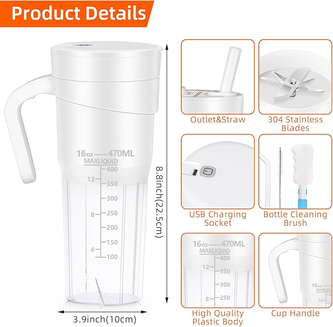 Portable Blender for Shakes and Smoothies: Travel Blender16 Oz Mini Blender with 6 BladesUSB Rechargeablefor Making Fresh Juice Convenient for Travel and Sports