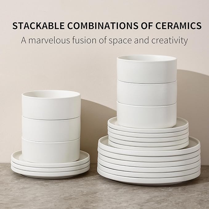 GZG Classic Series - Plates and Bowls Set for 6 18 Piece Stoneware Dinnerware Sets Microwave and Dishwasher Safe Lead-Free Handcrafted Ceramic Dishes Set - Ivory White
