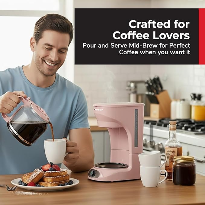 MUELLER HOME 12-Cup Pink Coffee Maker - Borosilicate Carafe Auto-Off Pink Kitchen Accessories Reusable Filter Anti-Drip Kitchen Appliances Keep-Warm Function