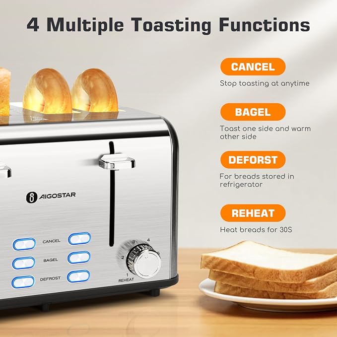 Aigostar Sandwich Maker Toaster 4 Slice 1.6 Wide Slot Stainless Steel Toasters with Bagel Reheat Cancel Defrost Function Panini Press Grill with Removable Non-stick Plates Grilled Cheese Maker