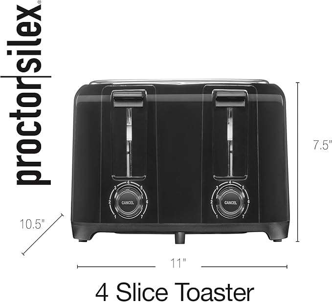 Proctor Silex 4 Slice Toaster with Extra Wide Slots for Bagels Cool-Touch Walls Shade Selector With 7 Browning Levels Toast Boost Auto Shut-off and Cancel Button Black (24215PS)