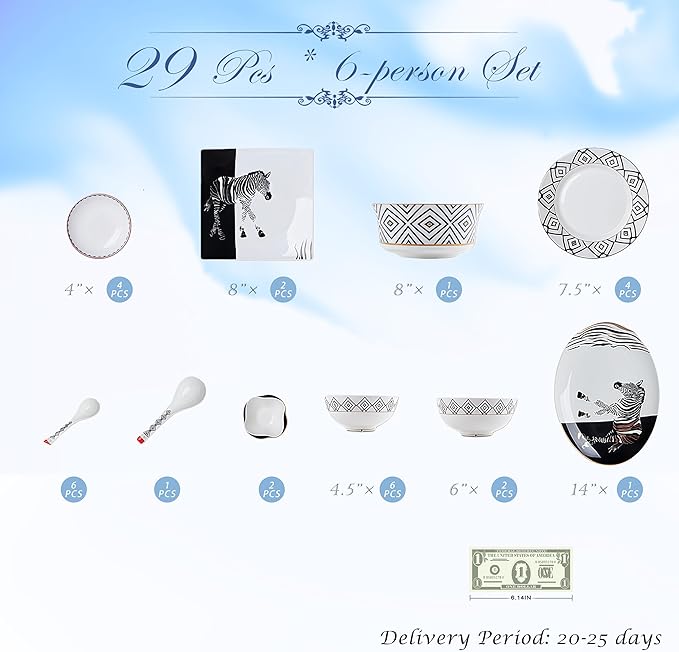 Fine Bone China Dinnerware SetPorcelain&ampCeramic Dinnerware SetsBone Stoneware &amp Ceramic Cookware Tableware Set Includes Dinner Plates|Spoons|Pasta Bowls|Soup Pot|Chopsticks (29PCS * 6-Person