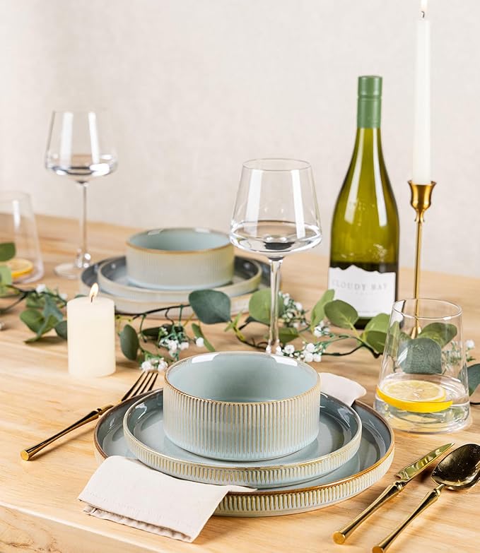 TheTerra Ceramic Dinnerware Sets for 6 18 Pieces Porcelain Lightweight Speckled Plates and Bowls Sets Scratch Resistant Dish Set Oven &amp Microwave &amp Dishwasher Safe Illusion Blue