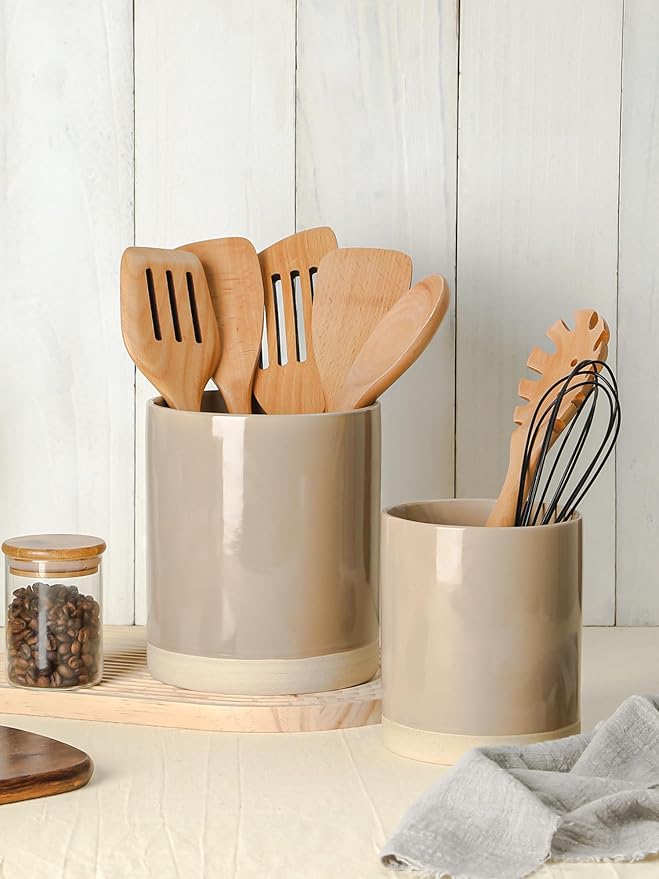 Famiware Milkyway Plates and Bowls Set of 12 and Kitchen Utensil Holder for Countertop Set of 2 14 Pieces Dinnerware Sets Cinnamon Brown