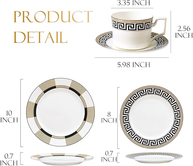 Bone Dinner Plates with China Teacup and Saucer Set for 2 8 Pieces Black and Gold Dinnerware Set Elegant Dish Set for Afternoon Tea Dessert Wedding and Home Décor