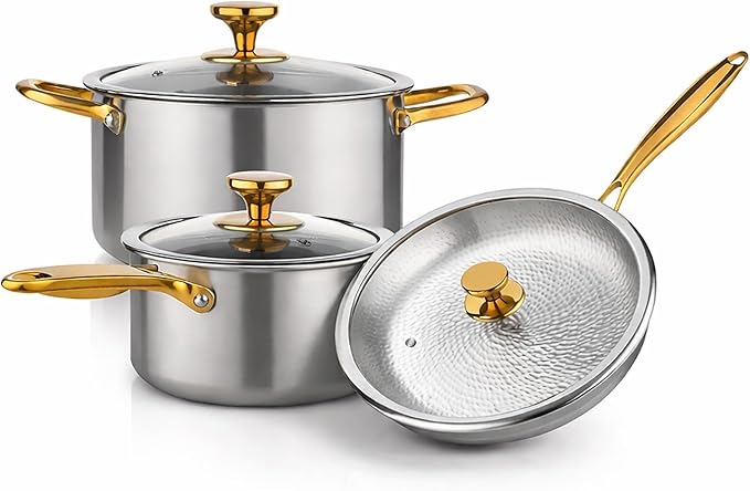100% Pure Titanium Cookware Set | 7.68in Milk Pan + 10.04in Stock Pot + 10.04in Hammered Fry Pan | Induction &amp Gas Compatible | Easy Clean | Oven &amp Dishwasher Safe (Milk Pan + Stock Pot + Fry