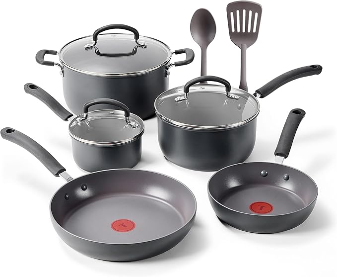 T-Fal Ultimate Hard Anodized Nonstick 10 Piece Cookware Set Oven Safe Up to 400°F Dishwasher Safe Pots and Pans Set Includes Frying Pans Saucepan Stockpot Cooking Utensils Grey