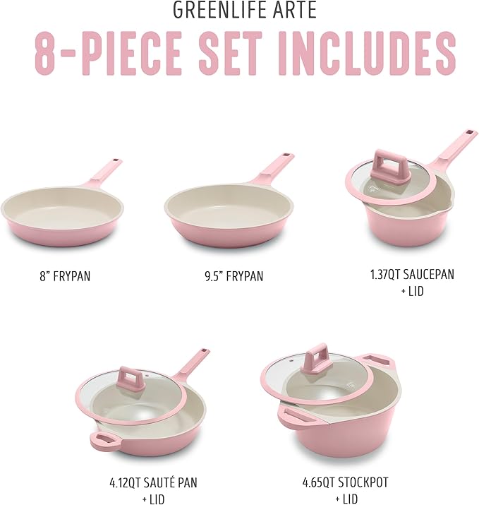 GreenLife 8 Piece Ceramic Nonstick Cookware Set Induction Suitable Non Toxic PFAS-Free Pots &amp Pans Dishwasher Safe Cooking Set Stock Pot Saucepans &amp Frying Pans Kitchen Cooking Light Pi