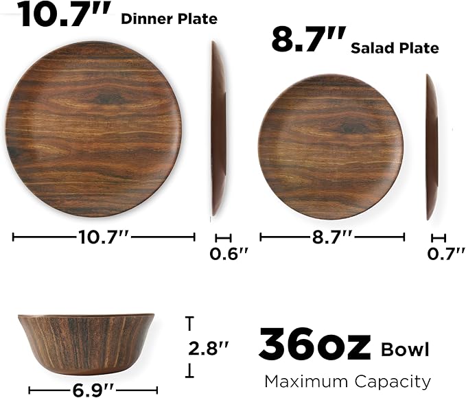 TP 18-Piece Dinnerware Set Melamine Dishes Set with Bowls and Plates Service for 6 Non-breakable Lightweight Dining Tableware Rosewood Grain