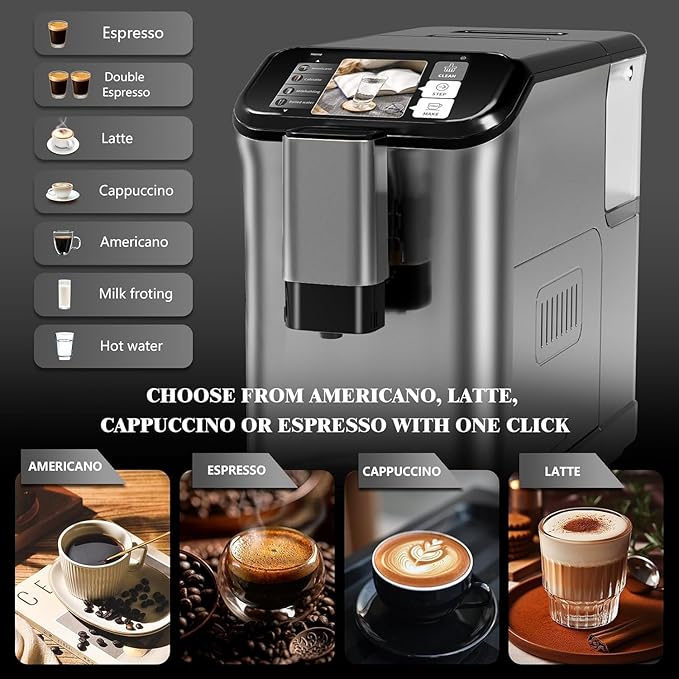 Fully Automatic Espresso Coffee Machine With Touch Screen20 Bar Espresso Machine With Automatic Milk Frothing and Adjustable Espresso Bean Grinder 1.5L Serve Coffee Maker for Home