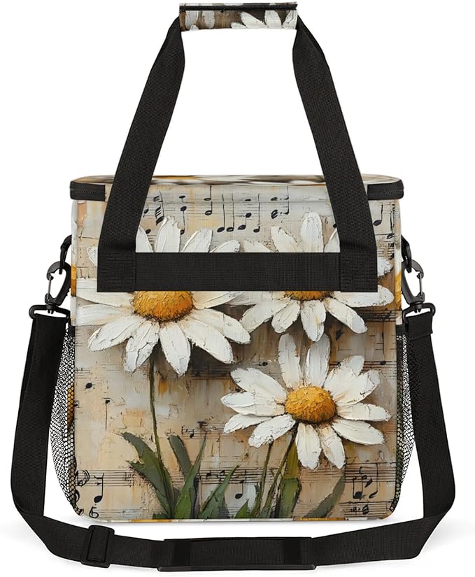 Daisies Music Notes Coffee Maker Travel Bag for Keurig K-Mini/K-Mini Plus Insulated Waterproof Tote with Pockets for K-Cup Portable Single-Serve Brewer Case
