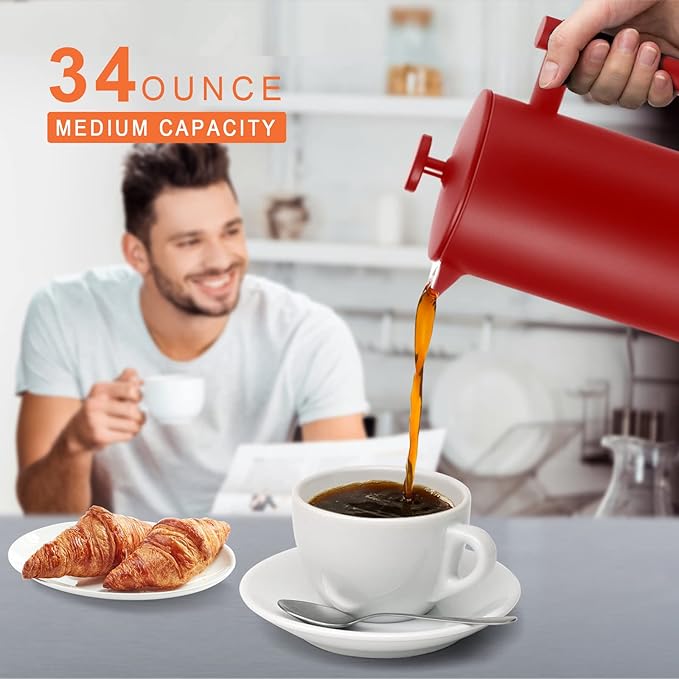 Secura French Press Coffee Maker 304 Grade Stainless Steel Insulated Coffee Press with 2 Extra Screens 34oz (1 Litre) Red