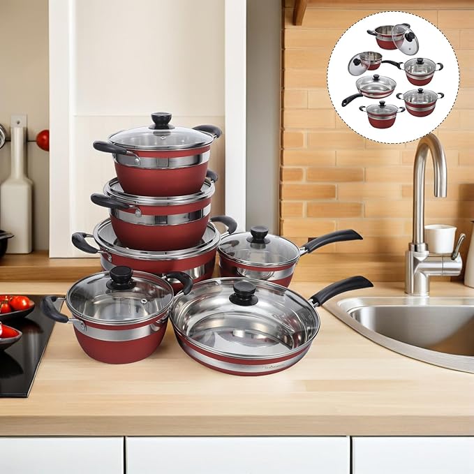 PRETYZOOM 12pcs Stainless Steel Cookware Set with Glass Lids - Induction Kitchen Pots And Pans - Including Fry Pans Saucepans Dutch Oven - Kitchen Essential Cooking Kit