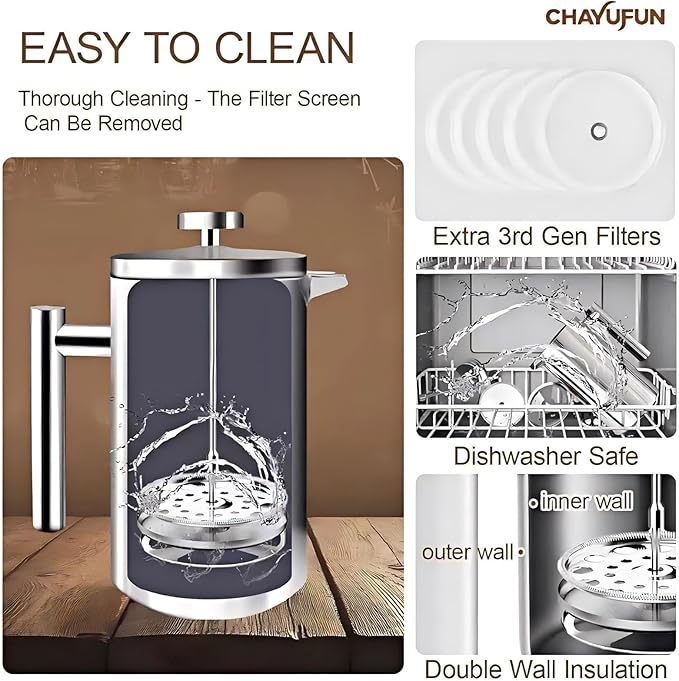 Premium Stainless Steel French Press Coffee Maker (5 Pack Filter)- 34oz/1L Thermal Insulated 304 Rust-Proof Metal Press - Heat-Resistant Ergonomic Handle BPA Free(Dishwasher Safe)