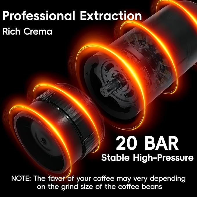 Portable Espresso Maker 20Bar Pressure &amp Up to 60 Cups per Charge Battery Operated Portable Coffee Maker Works with Ground Coffee &amp Capsules for Camping Car Travel and Office Use.