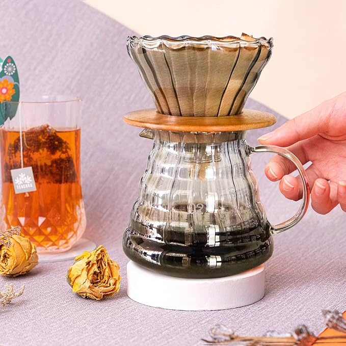 SOTECH Pour Over Coffee Maker Set with Black Gooseneck Kettle Wooden Pad Holder Coffee Dripper Server DIY Manual Portable Coffee Maker Set
