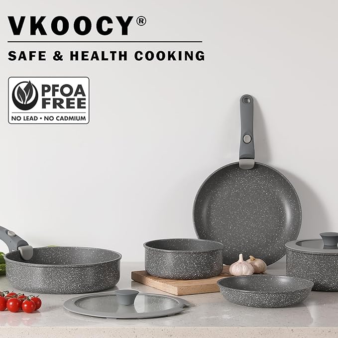 Non Stick Pot and Pan Set with Removable Handle Ceramic Cookware Set Detachable Handle Induction Kitchen Camping Stackable Pots Pans Dishwasher/Oven Safe Grey