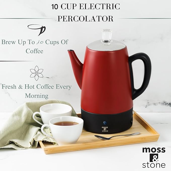 Moss &amp Stone Electric Coffee Percolator – Red Body Coffee Maker with Stainless Steel Lid Percolator Electric Pot Fast Boil 10 Cup Red Camping Coffee Pot