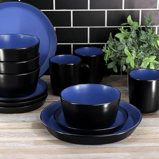 16 Piece Stoneware Dinnerware Set – Two-Tone Plates Bowls &amp Mugs for 4 Modern Matte Finish Microwave &amp Dishwasher Safe (Black/Blue)