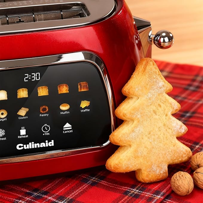 Toaster 2 Slice Smart Touch Screen Retro 1.5'' Extra Wide Slot Stainless Steel Digital Bread Toaster with Memory Function Bagel Defrost 6 Browning Levels and Removable Crumb Tray Red