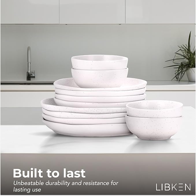 White Plates and Bowls Sets - Heavy Duty Ceramic for Fine and Casual - Elegant White Dinnerware Set for 12 with Unique Durable Design - Ideal for Home and Restaurant Use - Dish Set