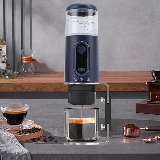 Zunate Portable Coffee Maker Travel Coffee Machine Compatible with Ground Coffee and Capsules for Travel Camping Hiking Fishing Picnics and Work (Navy Blue)