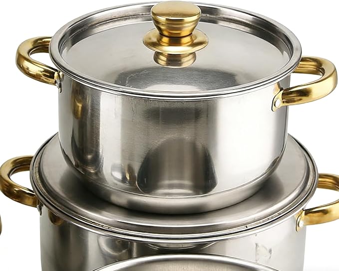 Stainless Steel Cookware Set – Kitchen Cooking Gadget Kit with Non Stick Versatile Potware for Pasta Soup Stewing | Household Camping Dorm Apartment Everyday Food Making