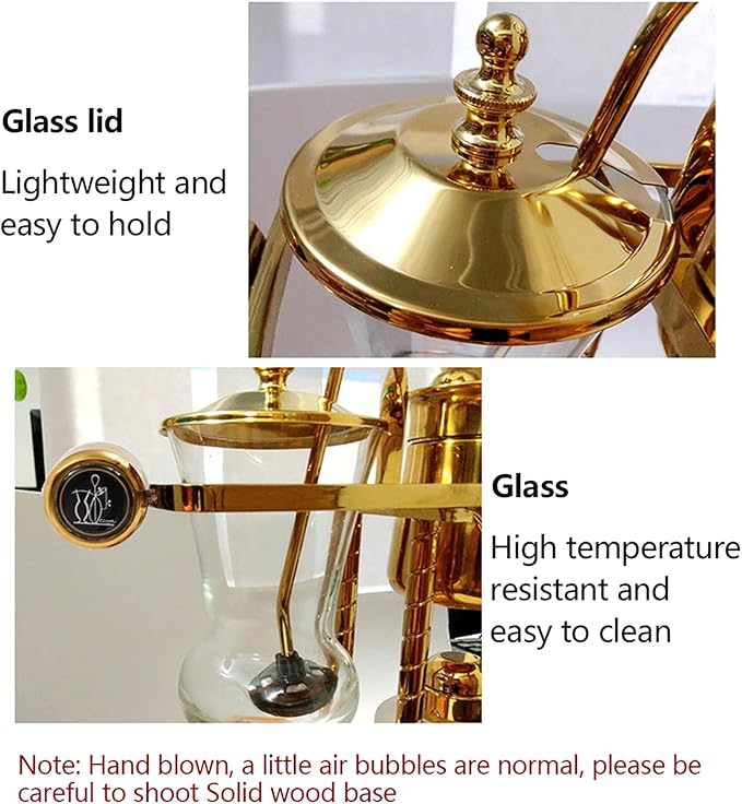 Belgium Balance Syphon Coffee Maker Vintage Belgian Siphon Brewer with Glass Cup&ampCoffee Spoon Disassemble Luxury Coffee Pot Set for Home Kitchen Office-Gold