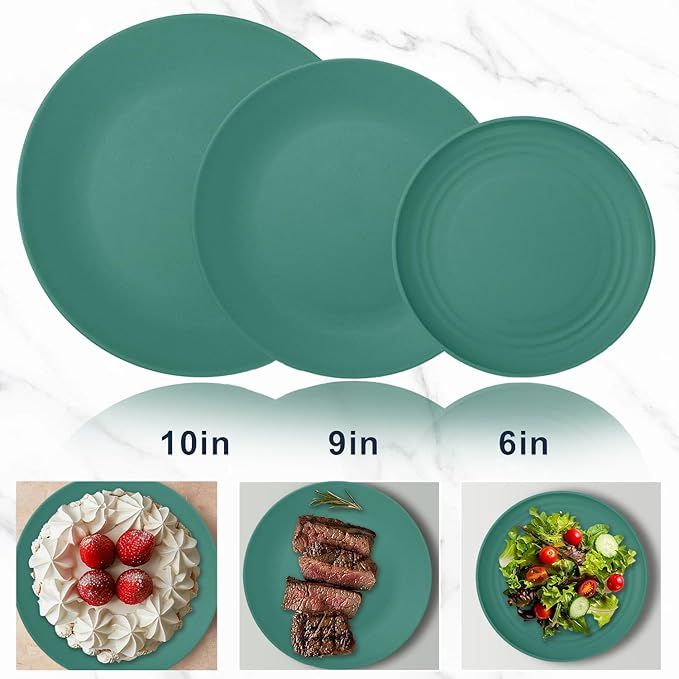 Wrova 40Pack plates and bowls sets for kids - Unbreakable wheat straw dinnerware sets service for 8 - Alternative plastic 40pcs dish sets for kitchen camping and indoors dinning - (Green)