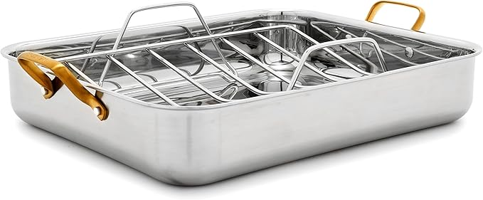 GreenPan Reserve 16 x 13 Tri-Ply Stainless Steel Roasting Pan with Roaster Rack Multiclad Cookware Induction Suitable Gold Stainless Steel Handles Dishwasher &amp Oven Safe Silver