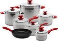 YBM HOME Stainless Steel Pots &amp Pans Set + Aluminum Frying Pan Professional Leading 13 Pcs Cookware Set Terrific Mirror Silver Induction Compatible - Red 1qt 2.5qt 3.5qt 5qt 7qt 9qt (yr11