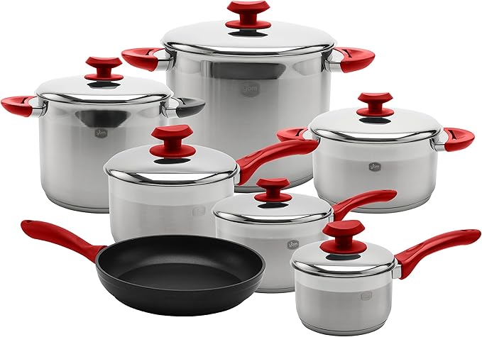 YBM HOME Stainless Steel Pots &amp Pans Set + Aluminum Frying Pan Professional Leading 13 Pcs Cookware Set Terrific Mirror Silver Induction Compatible - Red 1qt 2.5qt 3.5qt 5qt 7qt 9qt (yr11