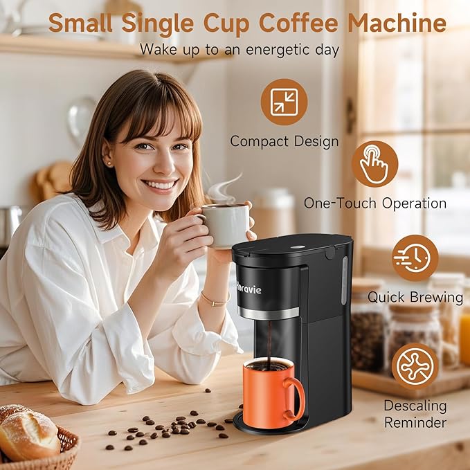 Small Single Serve Coffee Maker Fast Brew One Cup Coffee Machine for K Cup and Grounds 6 to 12 oz. Brew Sizes Capsule Coffee Machine with Descaling Reminder and Viewing Tank Black