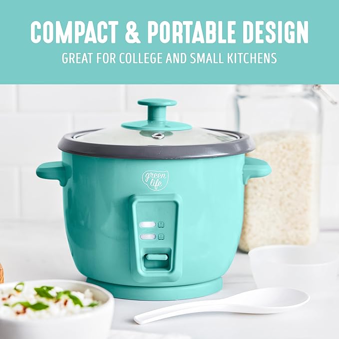 GreenLife Rice Cooker with Removable PFAS-Free Ceramic Nonstick Pot 3-Cups Uncooked/6-Cups Cooked Grains &amp Oatmeal Multicooker Compact One-Switch Design Auto Keep Warm Easy Clean Turquoise