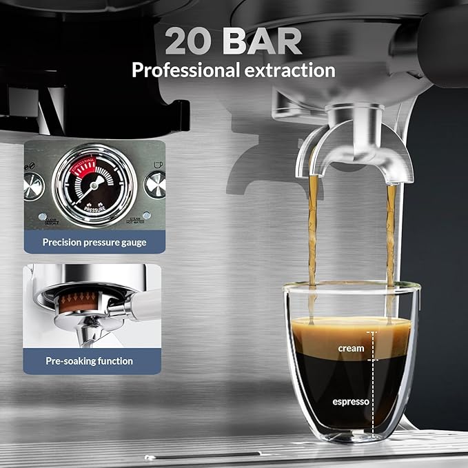 GarveeLife Espresso Coffee Machine Built-in Coffee Grinder 15 Precise Grind 20 Bar Professional Coffee Maker with Steam Wand for Home Cappuccino or Latte 2.8L Water Tank for Easy Refill