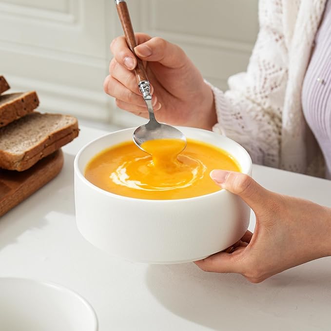 Stoneware Cereal and Soup Bowls Set of 4 6 Inch Matte Glaze Ceramic Bowls for Breakfast &amp Oatmeal Microwave and Dishwasher Safe Matte White