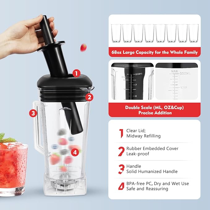 Countertop Blender Professional High Power Adjustable Commercial Blender 2200w 68oz Heavy Duty Blender with Self-Cleaning Function Red High Speed Blender for Milkshakes Smoothies Sauces etc