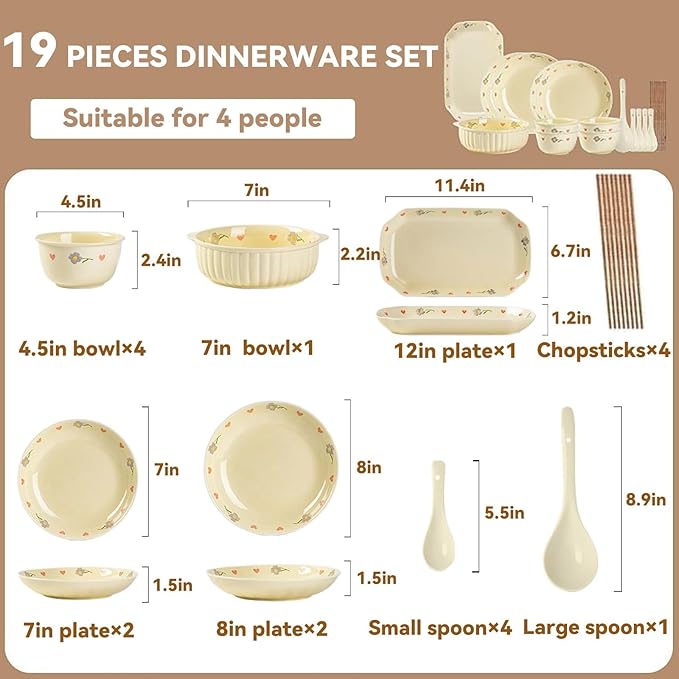 Kitchen Plate and Bowl Set 19 Pieces Dining Ware Set Reusable Dish Sets Thick and Anti-Scald Dinnerware Sets for 4 Steamable Bakeable and Microwavable Underglaze Color Technology Health and Safety