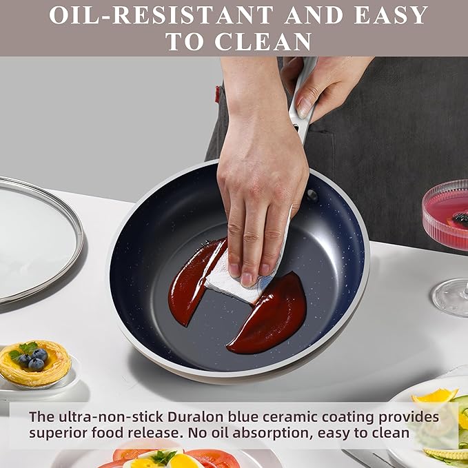 Healthy Duralon Blue Ceramic Nonstick Cookware Set Diamond Infused Scratch-Resistant PFAS Free Dishwasher &amp Oven Safe Induction Ready &amp Evenly Heats Tempered Glass Lids &amp Stay-Cool Ha