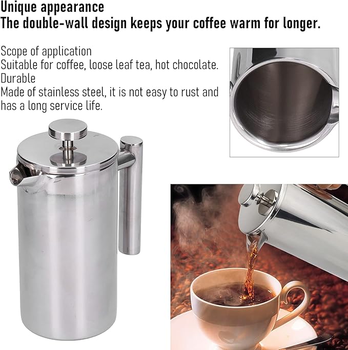 French Press Coffee Maker Stainless Steel French Press Coffee Press Coffee Maker Camping Coffee Press Manual Coffee Pot for Home Office (1000ml)