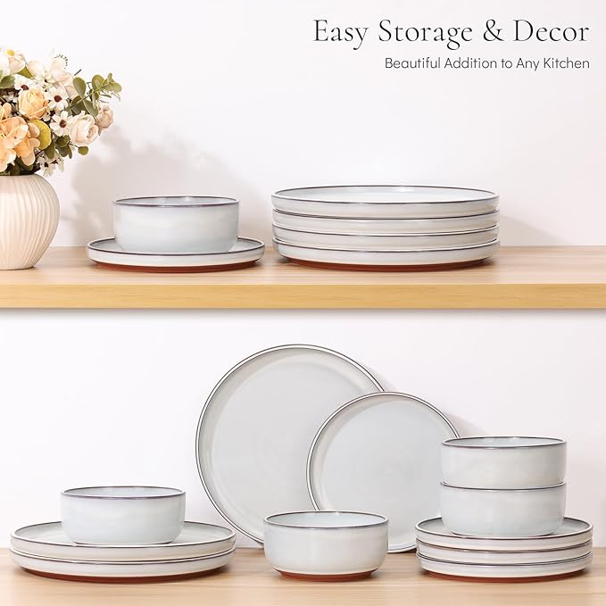 E-far Stoneware Dinnerware Sets for 6 18 Pieces Reactive Glaze Plates and Bowls Sets Elegant Dishes with Rustic Terracotta Clay Base Dishwasher &amp Microwave Safe Scratch Resistant Glacier Whit