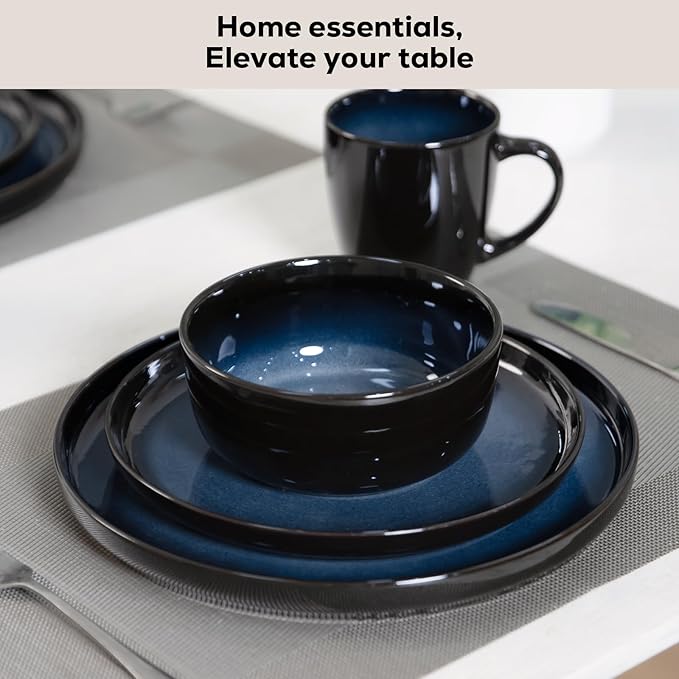 Romswi Dinnerware Set for 4 16 pcs Stoneware Plates and Bowls Sets with Mugs Chip &amp Scratch Resistant Dish Set Handmade Reactive Glaze OvenMicrowave and Dishwasher Safe Dreamy Moonlight-Blue