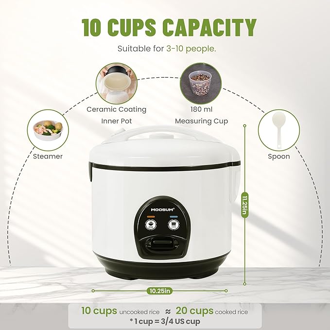 Electric Rice Cooker with One Touch for Asian Japanese Sushi Rice 10-cup Uncooked/20-cup Cooked Fast&ampConvenient Cooker with Steamer Stainless Steel Housing and Auto Warmer White