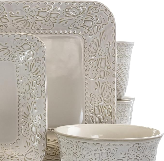 16 Piece Square Stoneware Dinnerware Set – Ivory Plates and Bowls with Baroque Design Microwave &amp Dishwasher Safe Dinnerware for 4 Elegant Tableware Set