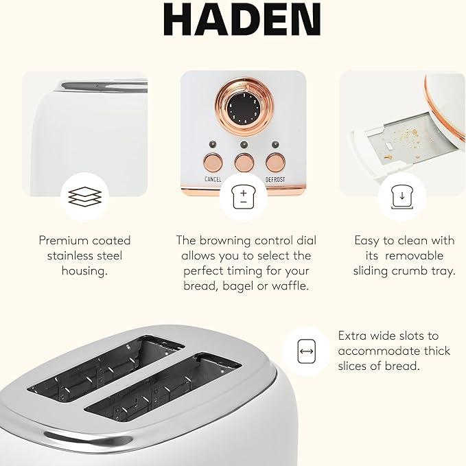 Haden Heritage 2-Slice Wide-Slot Toaster Stainless-Steel Bread Toaster with Adjustable Browning Control Crumb Tray &amp Non-Slip Feet Ivory &amp Copper