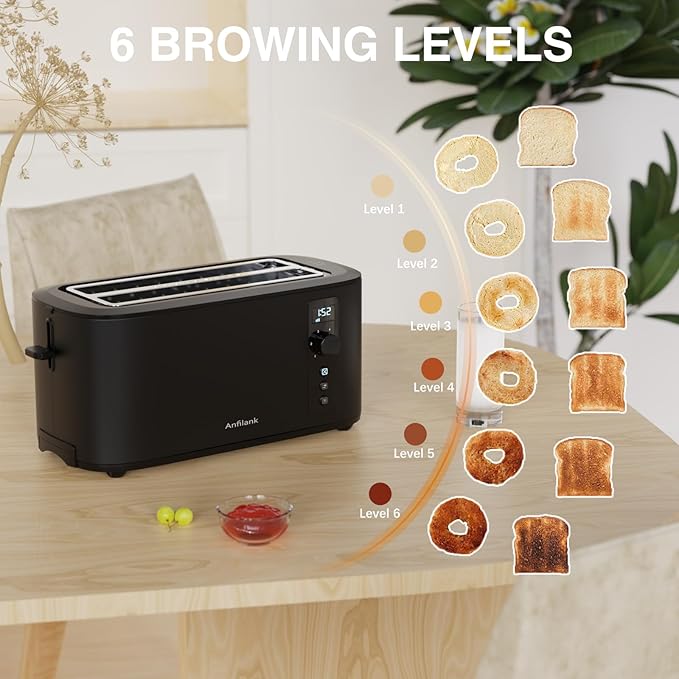 Toaster 4 Slice Long Extra Wide Slot 1.5 with Countdown Timer 6 Browning Settings Built-in Warming Rack Bagel/Cancel/Defrost Functions Removable Crumb Tray-Matteblack