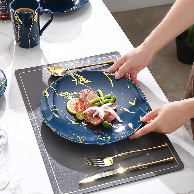 Modern Porcelain 16 Piece Blue Dinnerware SetPlates and Bowls SetsGold Dish Set for 4Blue Dinnerware SetDinner Sets with Dinner Plates.