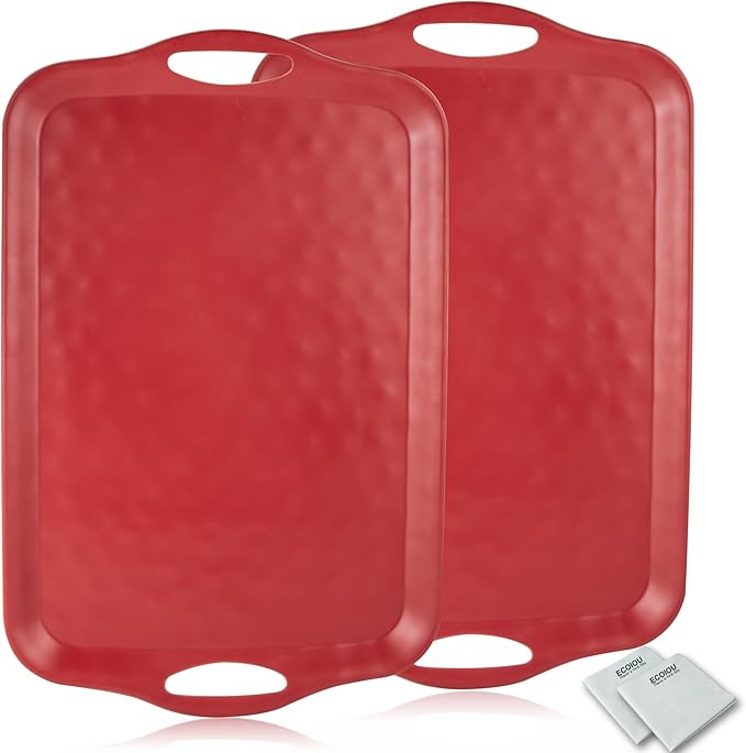 Extra Large Serving Tray with Handles 20x13 inch Set of 2 Melamine Platters for Serving Food Turkey Cookie Rectangular Trays for Eating Raised Dots Matt Finished Dishwasher Safe Red