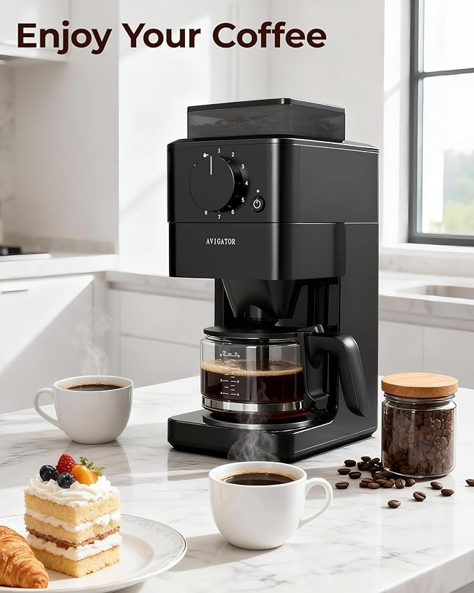 10 Cup Coffee Maker with Grinder Built in Automatic Grind and Brew Coffee Machine with Glass carafe Reusable Filter Auto shut off Warming plate for Home Offices or Large Families Black